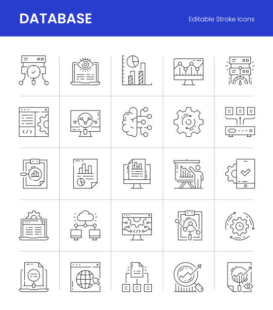 Database Editable Stroke Line Icons Database Vector Style Line Icon Set. Editable Stroke, Pixel Perfect, Unique Style, 1 Pt Width icons on 64x64 pixel grid. data catalog digital stock illustrations