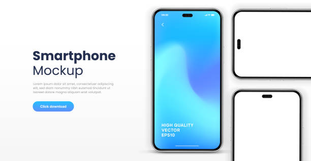 白い空白の画面で隔離された3dリアルな高品質のスマートフォンモックアップ。スマートフォンモックアップコレクション。デバイスの正面図。白い背景に影が付いている3d携帯電話。 - 雛形点のイラスト素材／クリップアート素材／マンガ素材／アイコン素材