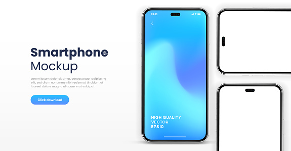 3D realistic high quality smartphone mockup isolated with white blank screen. Smart phone mockup collection. Device front view. 3D mobile phone with shadow on white background.