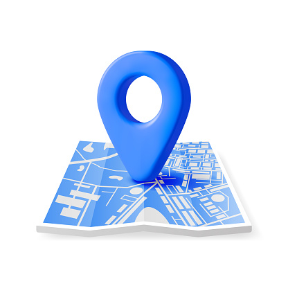 3D Location Folded Paper Map and Pin Isolated. Blue GPS Pointer Marker Icon. GPS and Navigation Symbol. Element for Map, Social Media, Mobile Apps. Realistic Vector Illustration