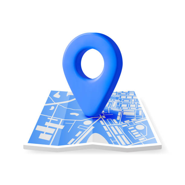 3D Location Folded Paper Map and Pin 3D Location Folded Paper Map and Pin Isolated. Blue GPS Pointer Marker Icon. GPS and Navigation Symbol. Element for Map, Social Media, Mobile Apps. Realistic Vector Illustration direction stock illustrations