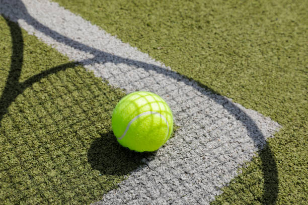 ombre d’une raquette de tennis sur un court de tennis en herbe avec des lignes blanches et une balle de tennis, personne - tennis racket ball isolated photos et images de collection