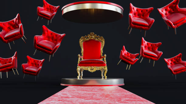 istock red king throne with falling red armchair on black background, 1414229691