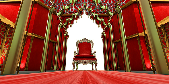 3D render of red king throne on a arabesque background, islamic architecture