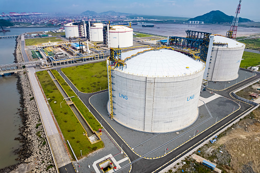 Picture of large LNG (Liquefied natural gas) tanks at LNG regasification terminal
