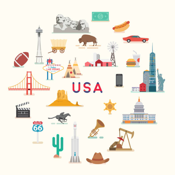 ilustraciones, imágenes clip art, dibujos animados e iconos de stock de estados unidos. lugares famosos y puntos de referencia. - mapa de los estados unidos y la bandera estadounidense