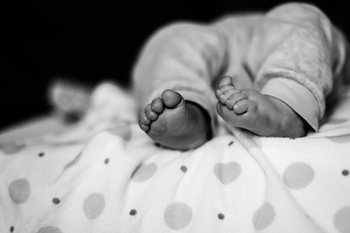 Baby Feet. Perspective photo. Black and white