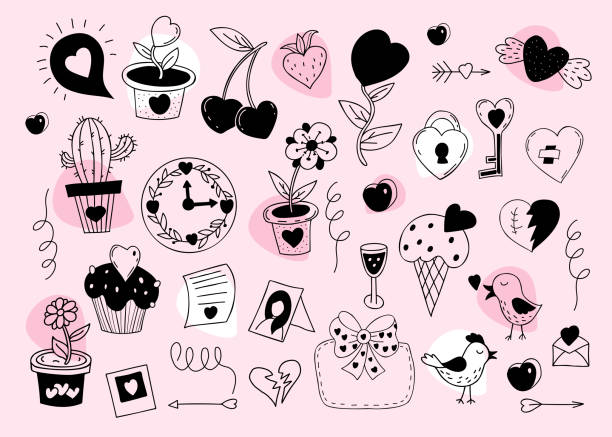 illustrazioni stock, clip art, cartoni animati e icone di tendenza di doodle romanticismo e amore. vaso da fiori, coppia di ciliegie e fragole, fiori da interno e cactus con cuore, orologio e cornice per ritratti, uccelli e torte, serratura e chiave. disegni vettoriali a mano isolati. - doodle sketch drawing letter