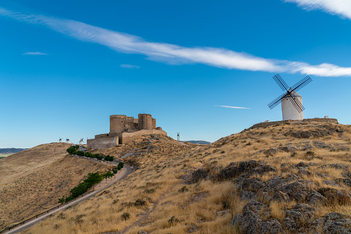 Traditional white windmill in Ojos Negros, Spain.