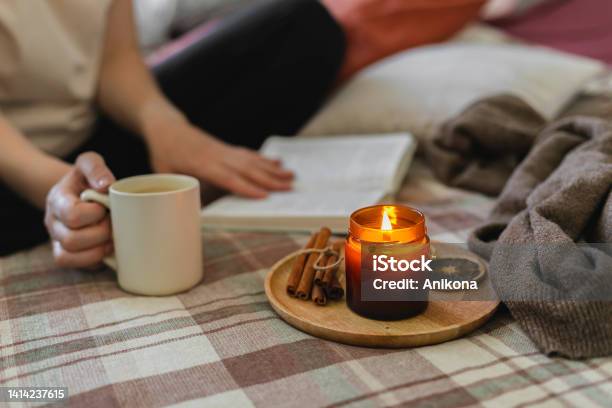 Young Woman Reading Book While Sitting In Lotus Pose On Bed In Cozy Bedroom Spending Leisure Time At Home Stock Photo - Download Image Now