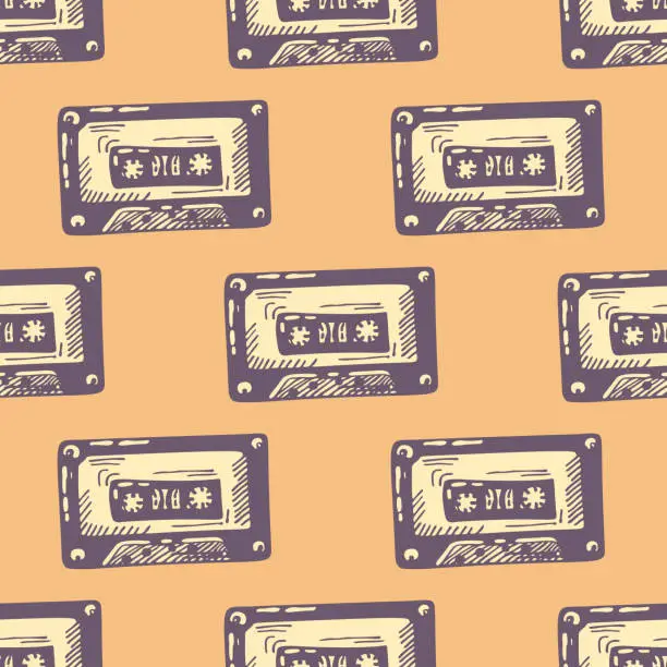 Vector illustration of Audio cassette tape engraved seamless pattern. Vintage music cassette tape in hand drawn style.