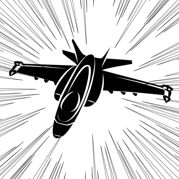 Vector illustration of Fighter, military airplane. Jet aircraft in speed lines. Air combat. Flying at supersonic speeds. Air Force. Army in action. Avia show. Aeroplane for use in stickers, printing on paper or fabric