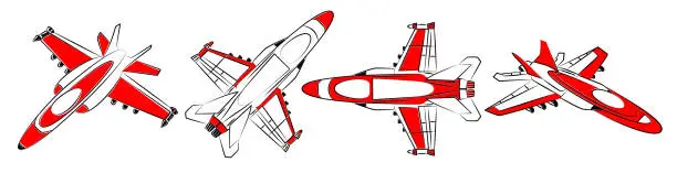 Vector illustration of Fighter, military airplane. Set of jet aircraft models in different isometric planes. Aeroplane for coloring book for adults and children. Use in games, stickers, printing on paper or fabric. Sketch