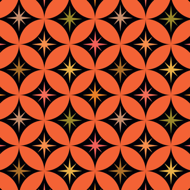 Colorful Mid century modern atomic starburst on geometric orange circles. Colorful Mid century modern atomic starburst on geometric orange circles. For home décor, wallpaper, retro posters, textile and fabric illusion pattern circle image created 1960s stock illustrations