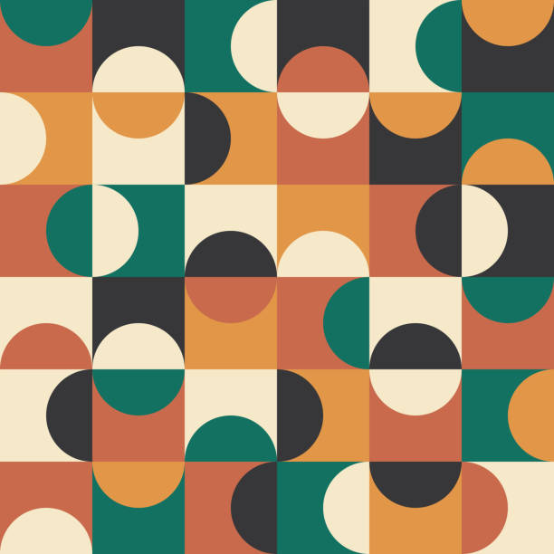 Mid century modern optical half circles seamless pattern in brunt orange, teal , red, black and white. Mid century modern optical half circles seamless pattern in brunt orange, teal , red, black and white. For home décor, modern art poster and textile illusion pattern circle image created 1960s stock illustrations