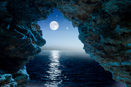 Blue cave with moonlight view