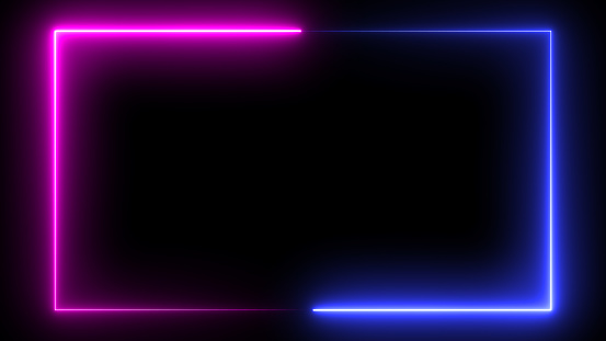 loop neon rectangle frame border, abstract graphic futuristic glow illumination effect, electric fluorescent element modern light technology animation in colorful blue purple disco party shiny footage