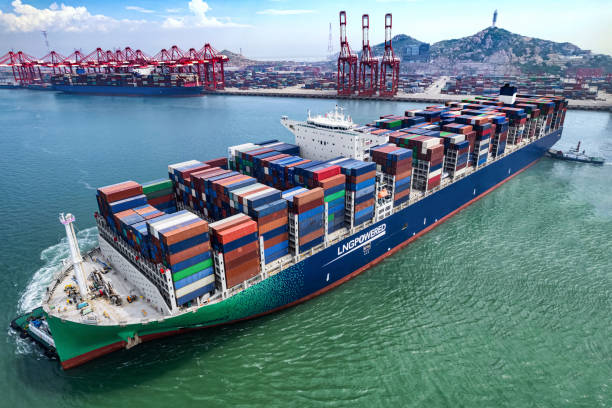 Container ship at Shanghai Yangshan port container terminal stock photo