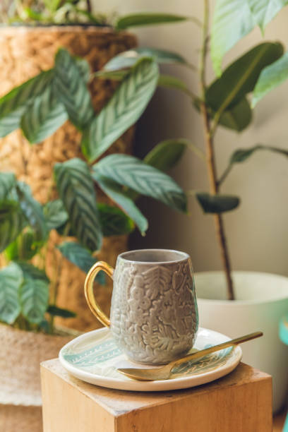 istock Gray ceramic mug in room decorated with plants. 1414244264
