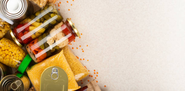 istock Emergency groceries food background with copyspace 1414246096