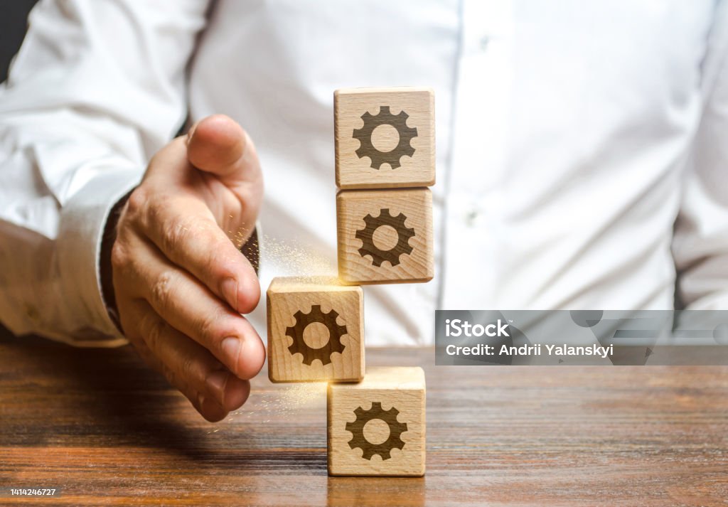 Man is trying to fix the process. Breakdown in the system. Find the broken part and make repairs. Determination and error correction. Deviation from the norm. Violation of order, malfunction failure. Accuracy Stock Photo