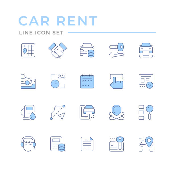 Set color line icons of car rent Set color line icons of car rent isolated on white. Vector illustration car dealer icon stock illustrations