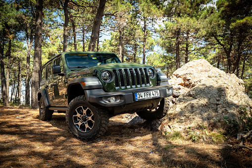 Istanbul, Turkey - August 9 2022 : Jeep Wrangler Unlimited Rubicon is the 4-door off-road vehicle manufactured by Jeep.