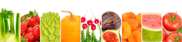 istock useful fruits and vegetables isolated on white background. Collage. Free space for text. Wide photo. 1414249483