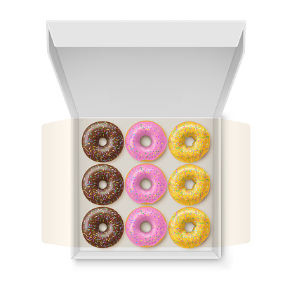 Donut open cardboard box top view realistic vector illustration. Package with doughnuts sweet candy dessert icing glaze delicious circle rings take away delivery pack. Appetizing multicolored treat