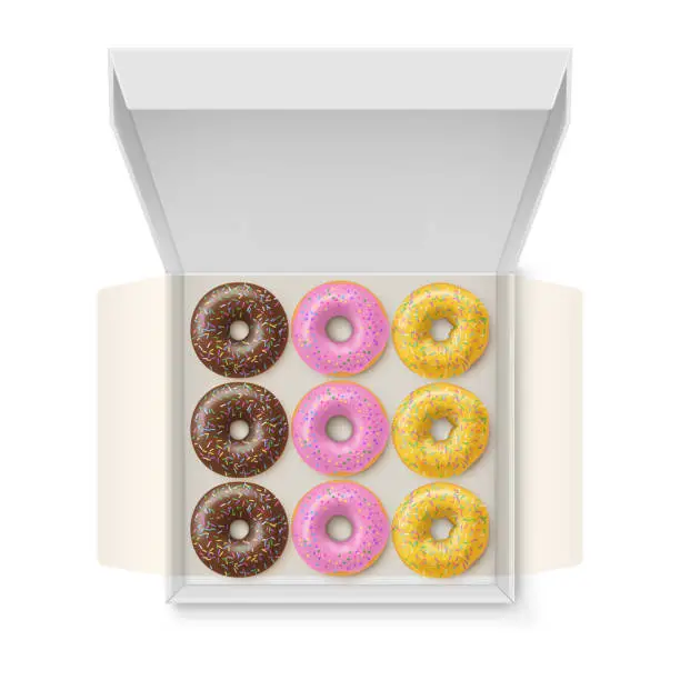 Vector illustration of Donut open cardboard box top view realistic vector illustration. Package with doughnuts sweet candy