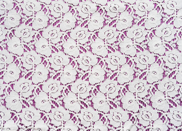 istock Seamless white lace with flowers on purple background. 1414251427