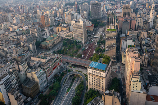 Aerial view of Sao Paulo Historic City Center with Vale do Anhangabau, Viaduto do Cha, Municipal Theatre and City Hall - Sao Paulo, Brazil