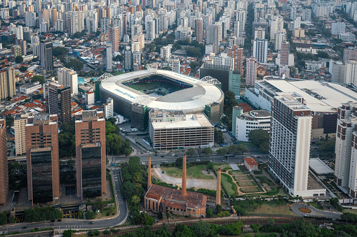 Sao Paulo, Brazil - Apr 24, 2022: Aerial view of Allianz Parque Soccer Stadium of Palmeiras Football Club and Casa das Caldeiras - Sao Paulo, Brazil