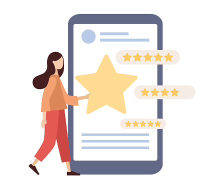 Feedback icon. Woman leave stars in rating in smartphone app concept. Customer survey, review and opinion. Vector