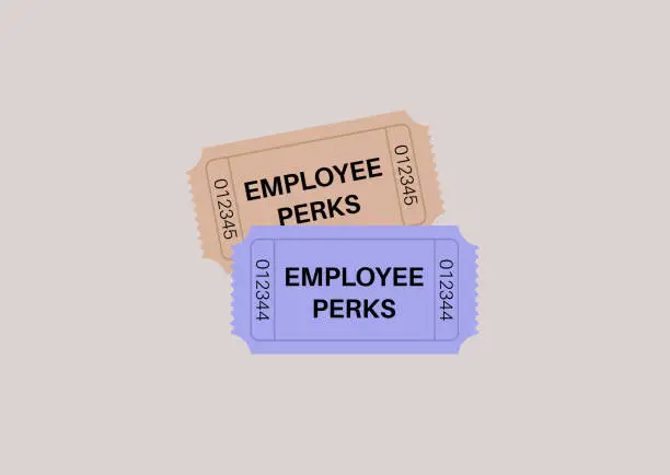 Vector illustration of Employee perks stylized as admission tickets, corporate retention program