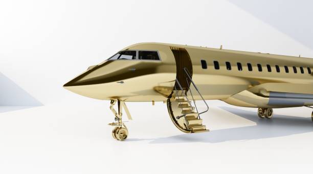 private jet with open airstairs in gold color stock photo