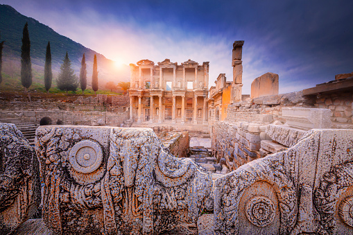 Ruins of the ancient Greek city in Selcuk, Izmir Province, Turkey. Ephesus is a popular tourist attraction in Turke