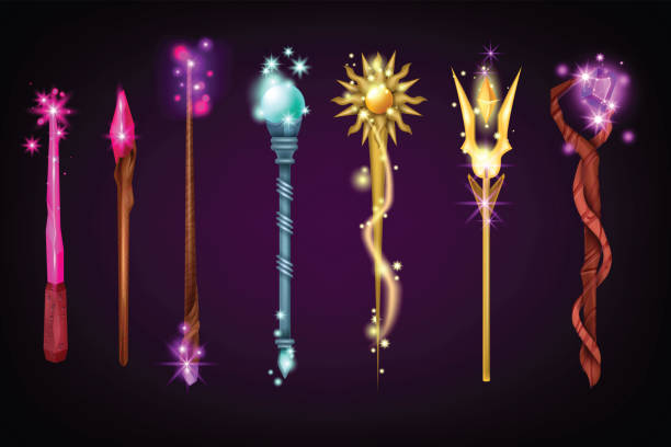 Magic wand vector set, game wizard weapon staff kit, fairy witchcraft sparkle items, golden stick. Cartoon magician fantasy object, witch Halloween scepter, game spell icon. Cartoon shiny magic wand sceptre stock illustrations