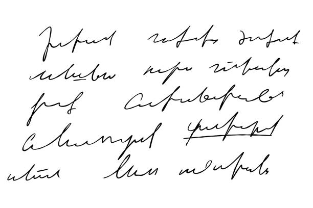 Handwritten Unreadable illegible text. Abstract handwriting of fictional language. Handwritten Unreadable text. Abstract illegible handwriting of fictional language. Incomprehensible letters. Black old vintage text written with pen writing notes stock illustrations