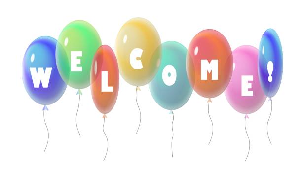 istock Welcome phrase on balloons. Invitation festive balloons with greetings. Store opening. Vector illustration 1414262032