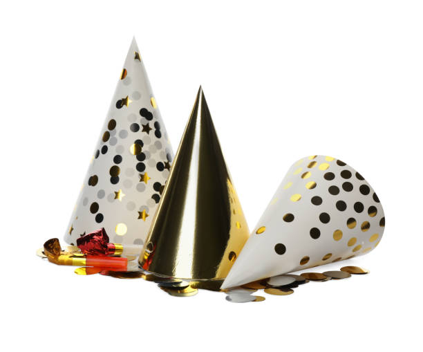 istock Colorful party hats and other festive items on white background 1414263909