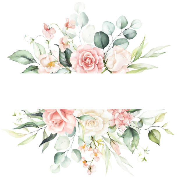 kuvapankkikuvitukset aiheesta akvarelli kultainen kukkakehys / reunus - kukat ja vihreät lehdet - rose flower
