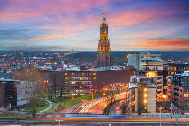 Amersfoort, Netherlands town skyline from above at dusk.