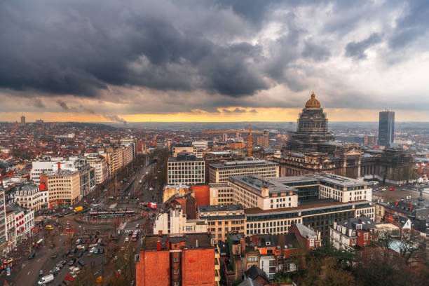 Brussels, Belgium cityscape at Palais de Justice during dusk.