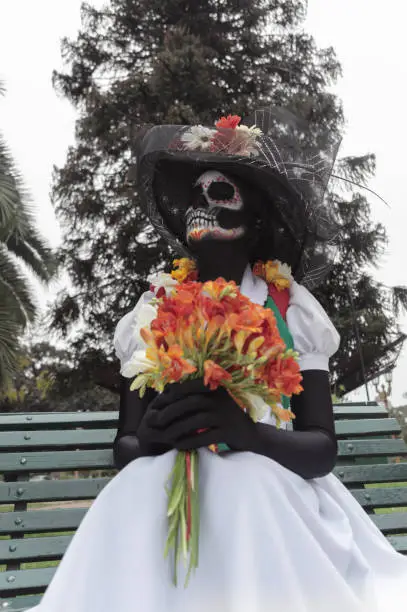 Photo of Front view of an adult woman wearing La Calavera Catrina make-up and sitting on a bench, vertical