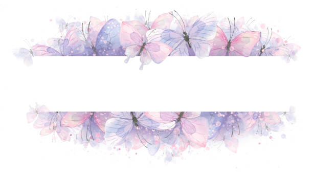 Horizontal frame, banner with delicate pink and purple butterflies. Watercolor illustration. For registration and design of certificates, invitations, beauty salons, logos, postcards, posters, wedding Horizontal frame, banner with delicate pink and purple butterflies. Watercolor illustration. For registration and design of certificates, invitations, beauty salons, logos, postcards, posters wedding free wedding stock illustrations