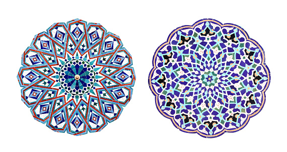 Set of round detail of ancient mosaic walls with floral and geometric ornaments. Collection of ceramic circles with traditional iranian tile decorations. Isolated on white background