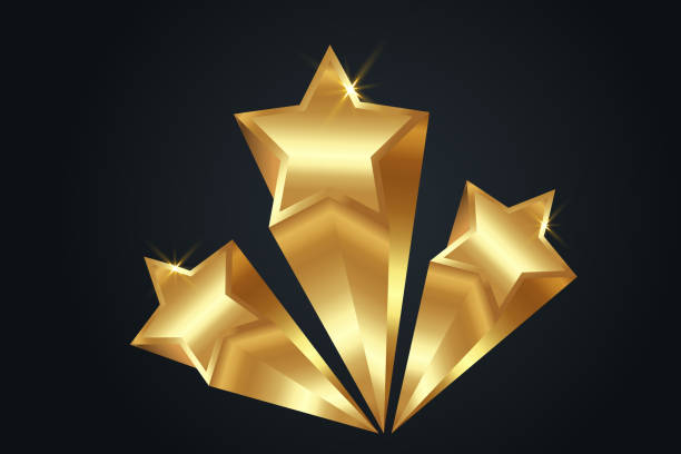 Gold Stars template. Giving Ceremony. 3D Golden star prize concept, Luxury Silhouette icon. Films and cinema symbol stock, Banner Academy, vector isolated or black background