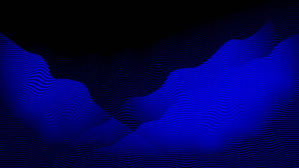 Navy Blue Abstract Wave Pattern Striped Black Futuristic Hill Neon Light Dark Blue Black Glitch Technology Background Moire Noise Texture Copy Space Distorted Digitally Generated Image Design template for presentation, flyer, card, poster, brochure, banner