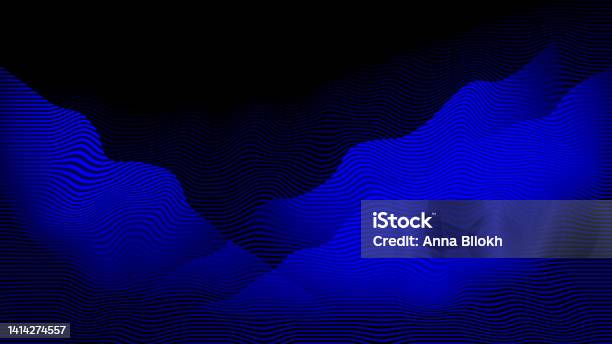 Navy Blue Abstract Wave Pattern Striped Black Futuristic Hill Neon Light Dark Blue Black Glitch Technology Background Moire Noise Texture Copy Space Distorted Digitally Generated Image Stock Photo - Download Image Now